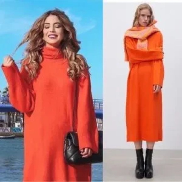ZARA Oversized Knit Turtleneck Sweater Midi Dress Orange M - Picture 3 of 15
